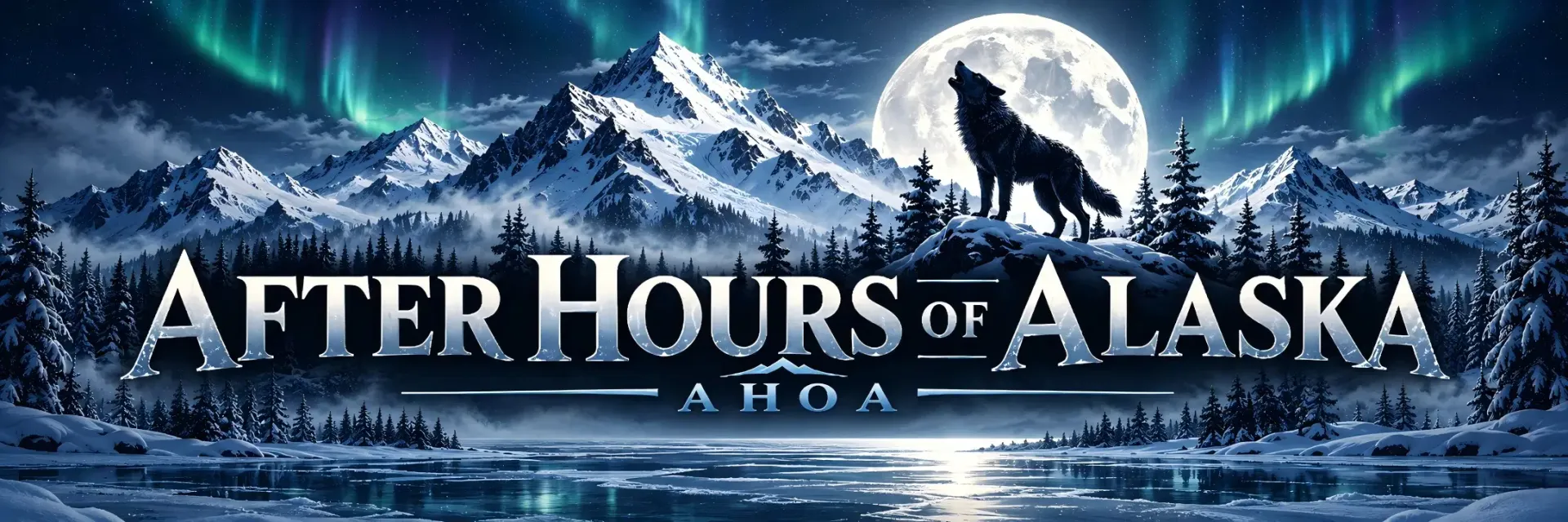 After Hours of Alaska under the northern lights, with a wolf and Alaska mountains