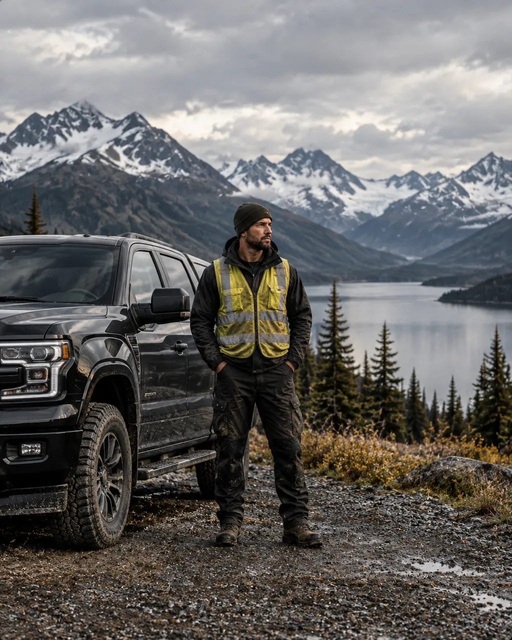 Field-service professional beside a vehicle with Alaska mountains beyond