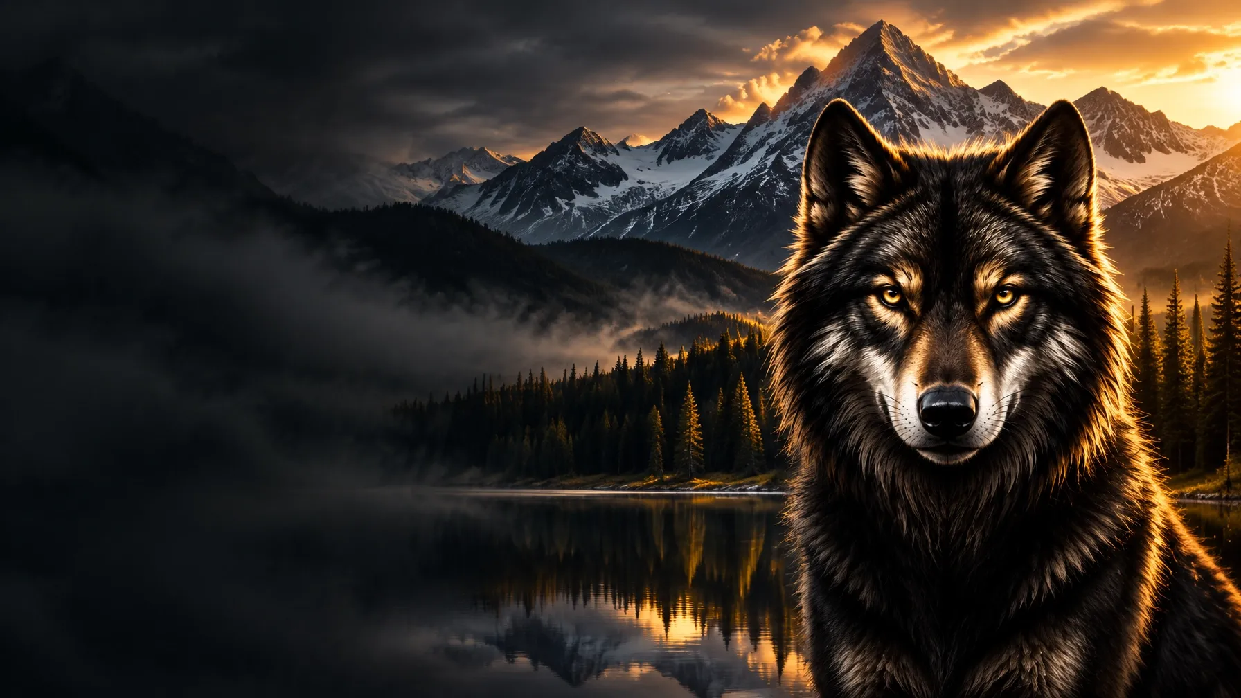 Forward-facing black wolf against Alaska mountains and evergreen forest at sunset
