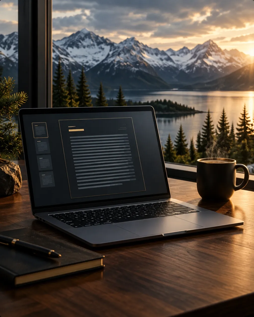 Digital documentation workspace with Alaska landscape outside the window